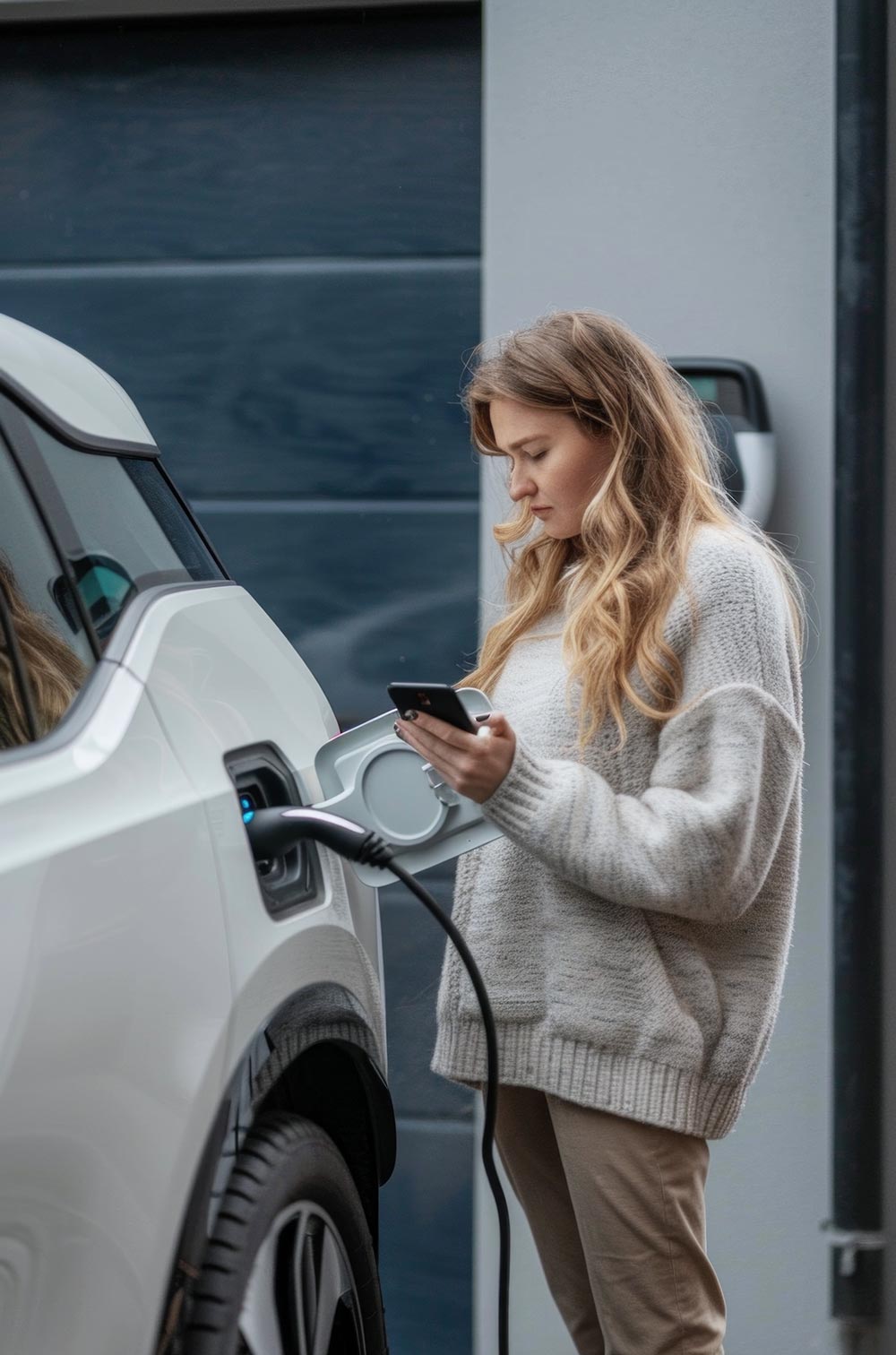 Woman charging her car and looking at mobile phone