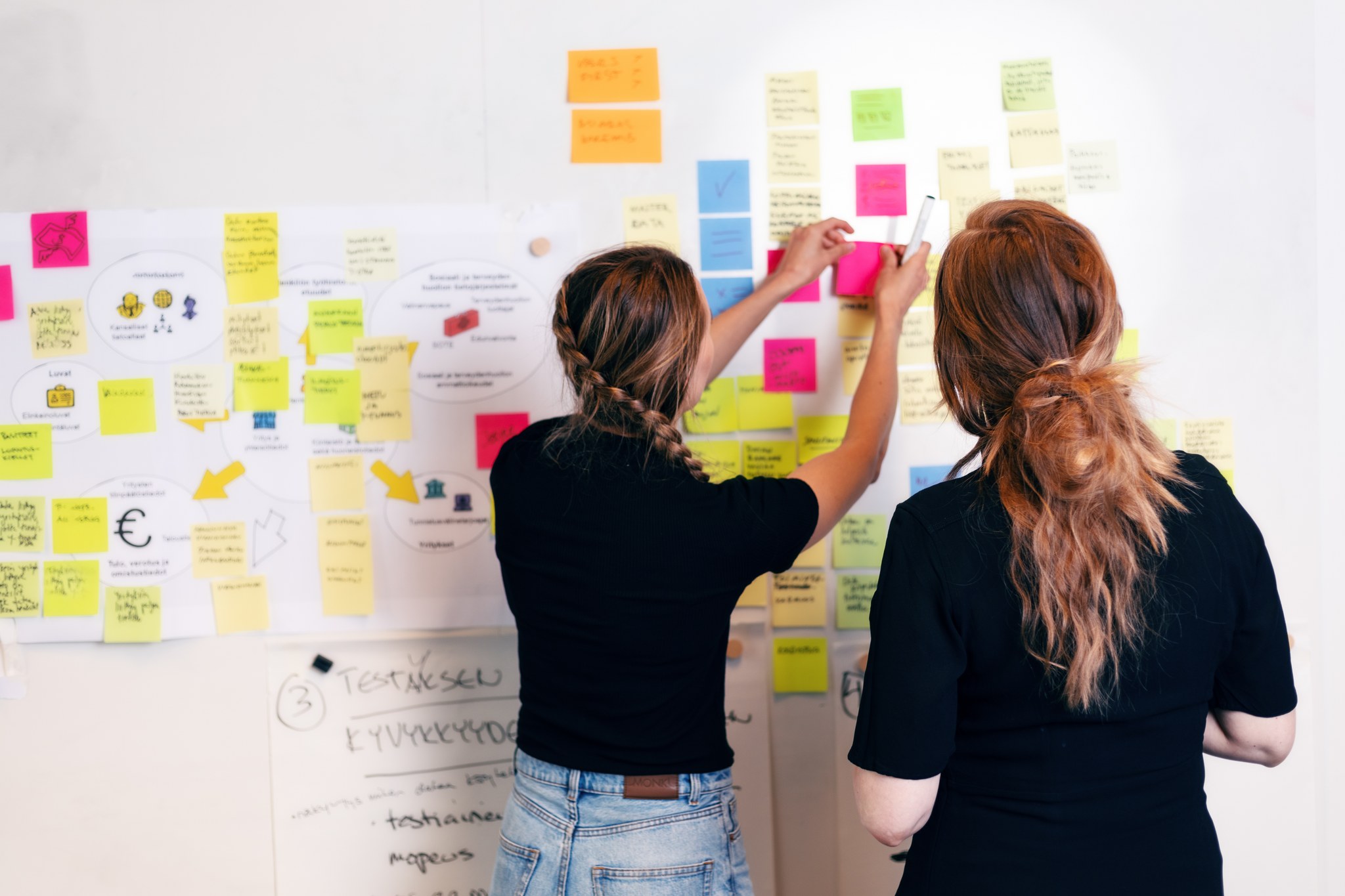 Two women working and putting post it notes to the white board