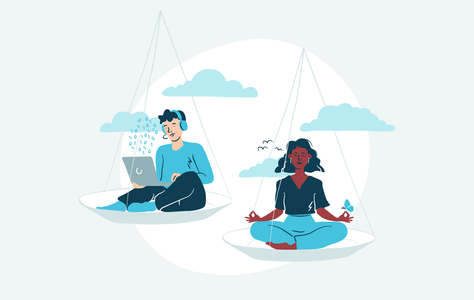 man with laptop sitting on one side of a scale and a woman in lotus pose on the other