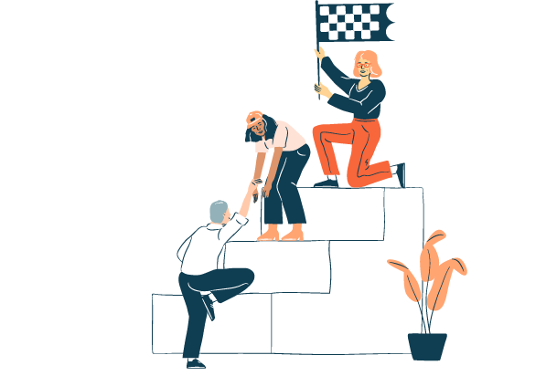 people helping each other climb giant stairs