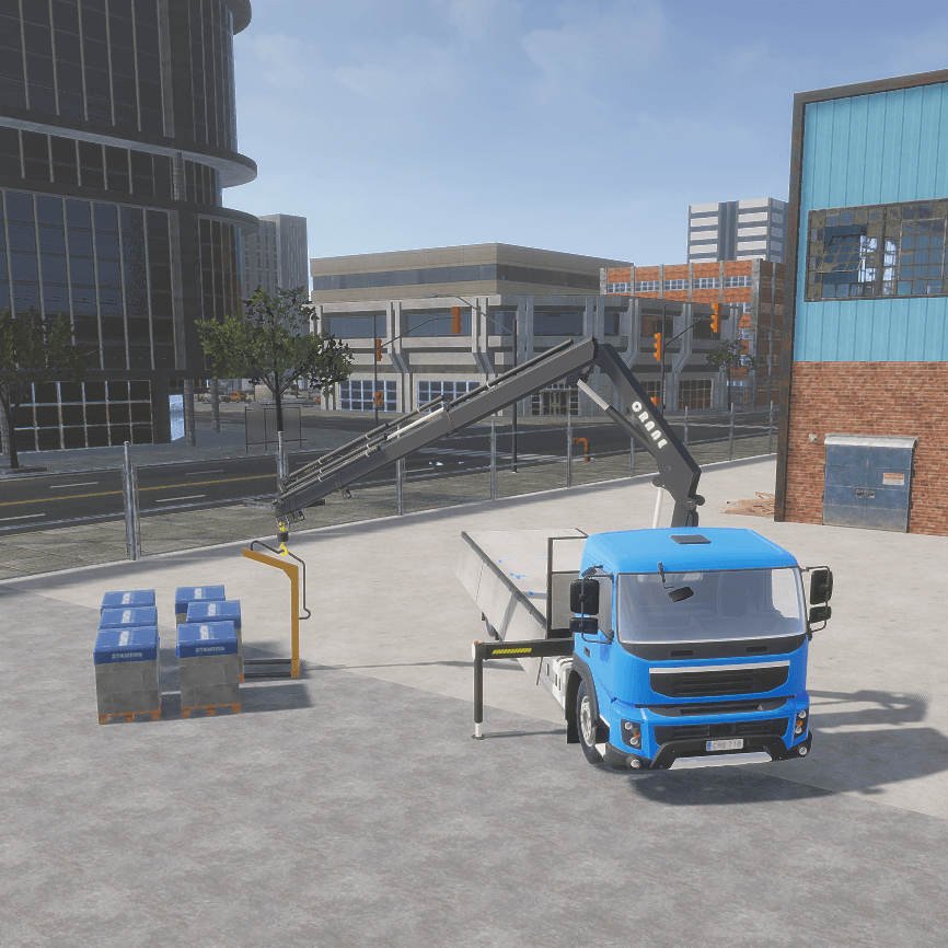 Picture of a simulated crane truck loading pallets.