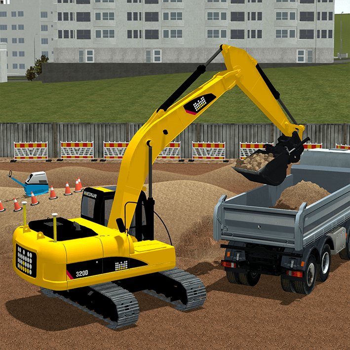 Picture of a simulated excavator loading a truck.