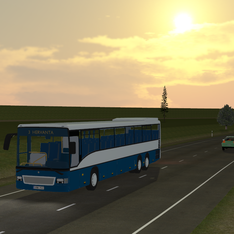 Bus driving in a sunset