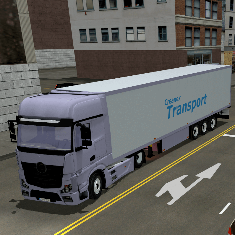 Picture of a simulated semi-trailer driving in a city.