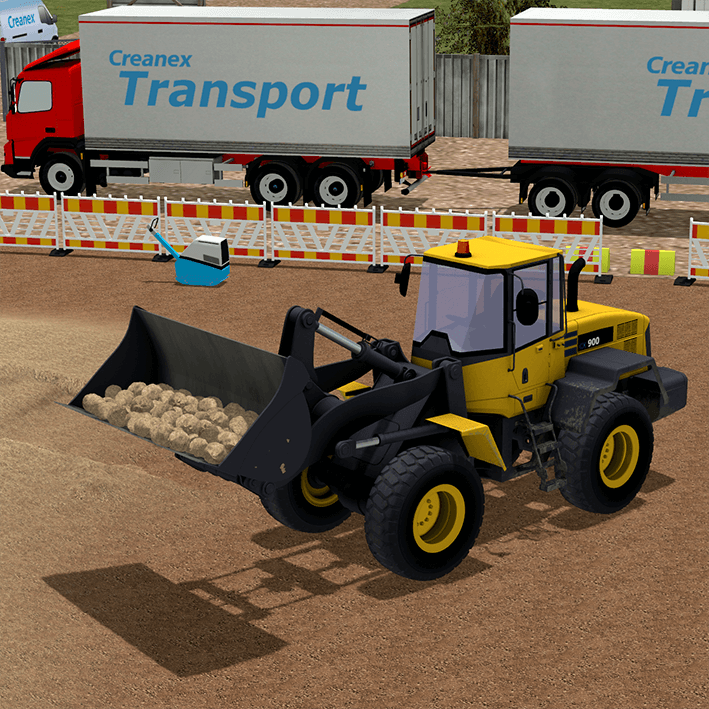 Picture of a simulated wheel loader moving earth on a construction site.