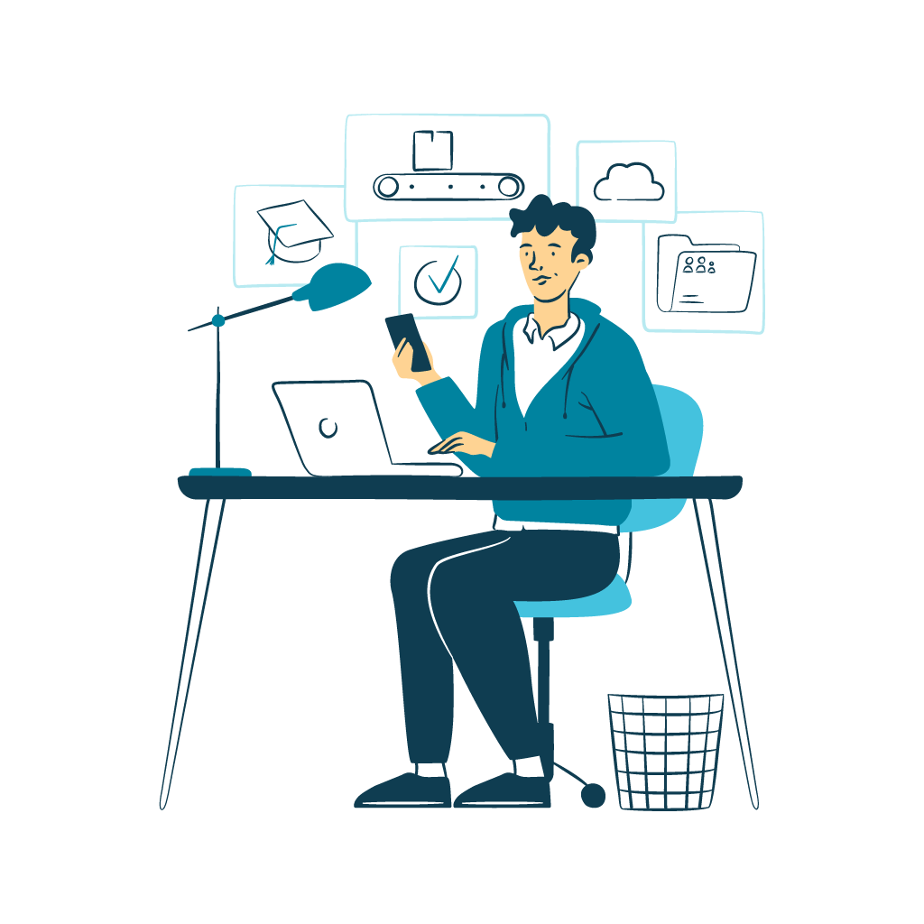 Illustration of a person sitting in front of a desk and working on the computer.