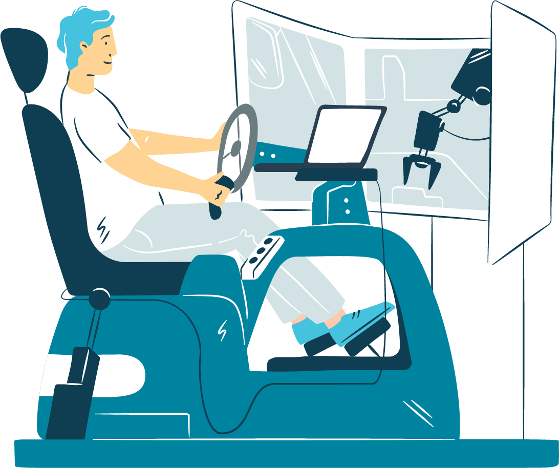 Illustration of a person driving a simulator.