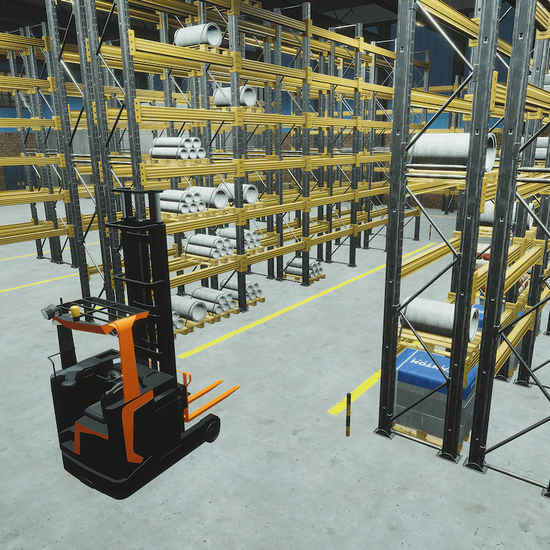 A picture of a simulated forklift in a warehouse.