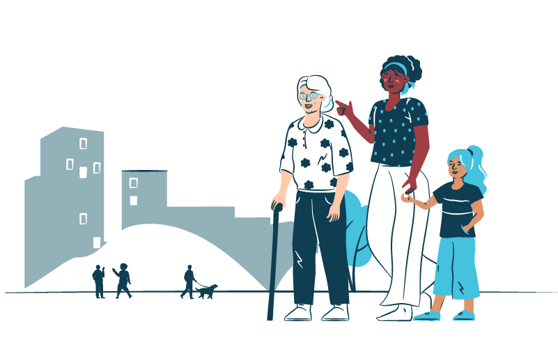 Illustrated family with grandmother, mother and child